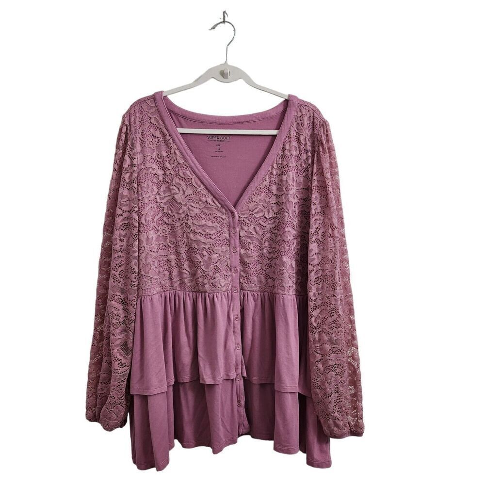 Torrid Blouse 4X Mauve Pink Babydoll Lace‎ Super Soft Mix Tiered Button-Down Top